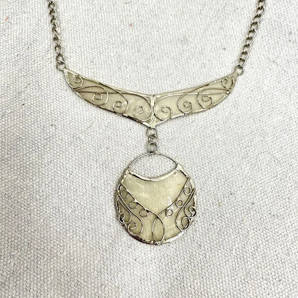 FairTrade Handcrafted Silver Scroll Metal Necklace With Abalone Shell Insert‎